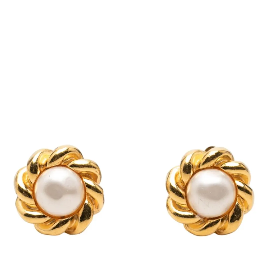 Chanel Gold Plated Faux Pearl Flower Clip On Earrings Gold Metal Very good - Front View