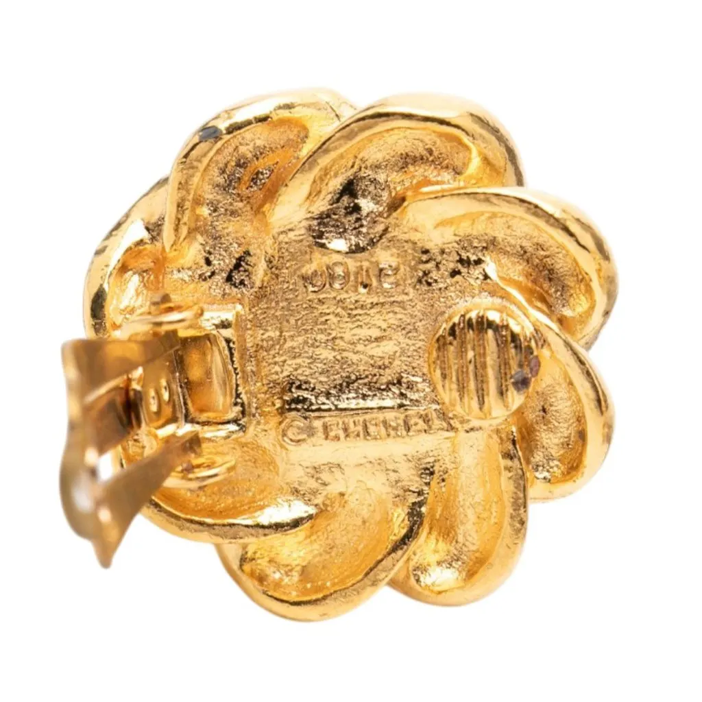 Chanel Gold Plated Faux Pearl Flower Clip On Earrings Gold Metal Very good - Inside View