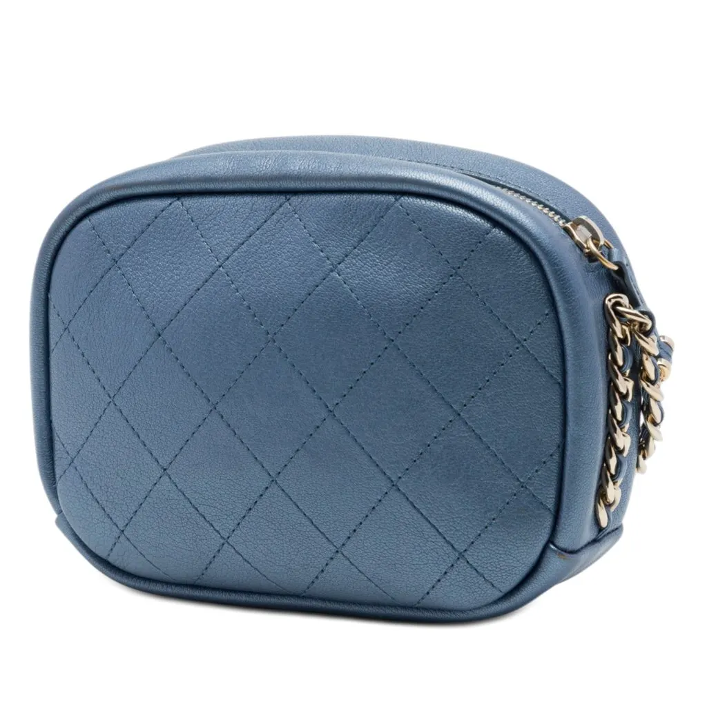 Chanel Small Quilted Metallic Goatskin Casual Trip Camera Bag Blue Leather Very good - Back View