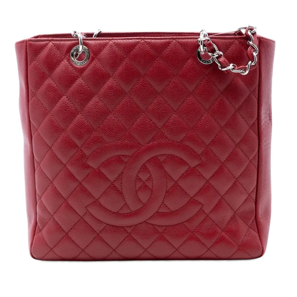 Chanel Caviar Vertical Grand Shopping Tote Red Leather Very good - Front View