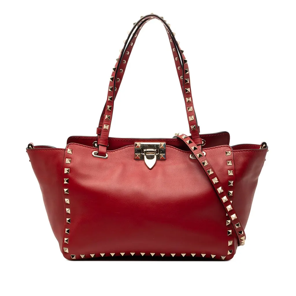 Valentino Small Leather Rockstud Trapeze Satchel Red Leather Very good - Front View