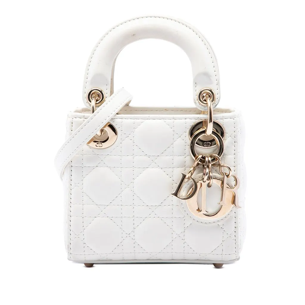 Dior Micro Lambskin Cannage Lady Dior White Leather Very good - Front View