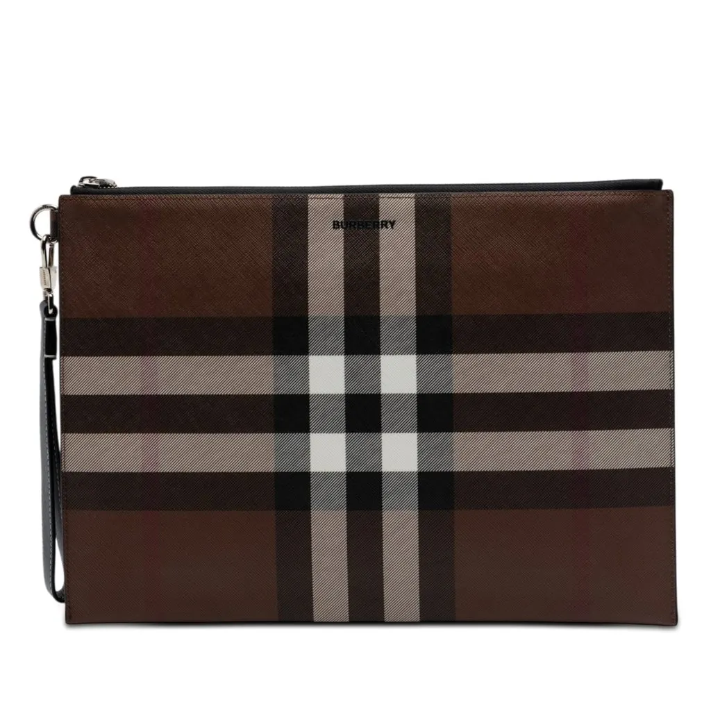 Burberry Check Coated Canvas Zip Pouch Brown Very good - Front View
