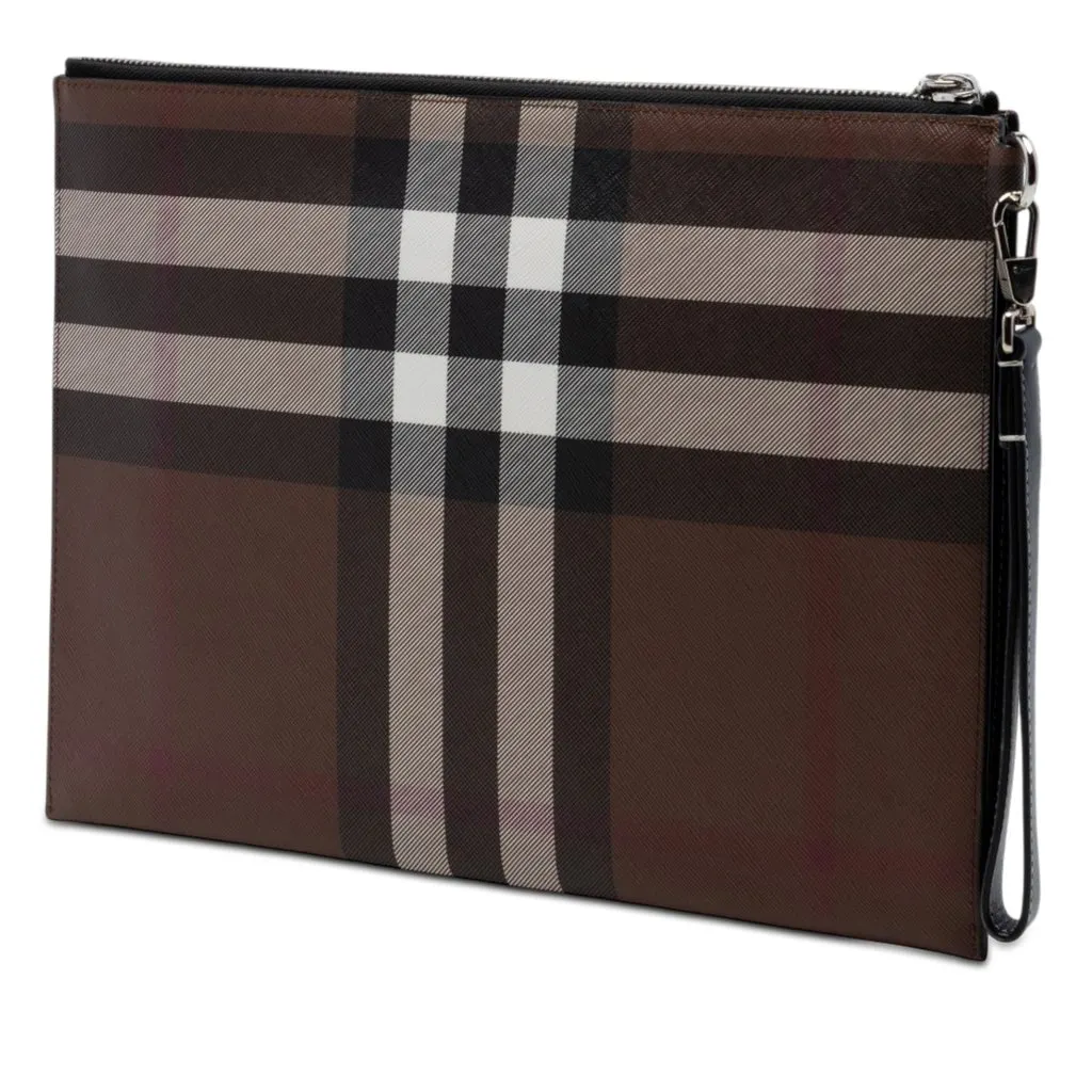 Burberry Check Coated Canvas Zip Pouch Brown Very good - Back View