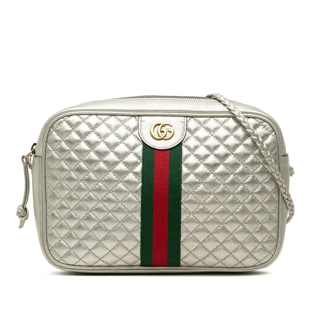 Gucci Small Quilted Metallic Calfskin Web Trapuntata Crossbody Silver Leather Very good - Front View