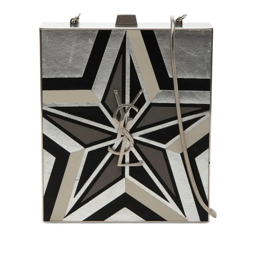 Saint Laurent Metal and Leather Tuxedo Box Star Clutch on Chain Silver Metal Very good - Front View