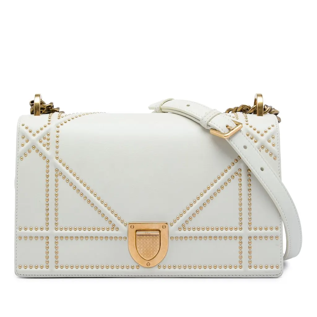 Dior Medium Studded Lambskin Diorama Flap White Leather Very good - Front View