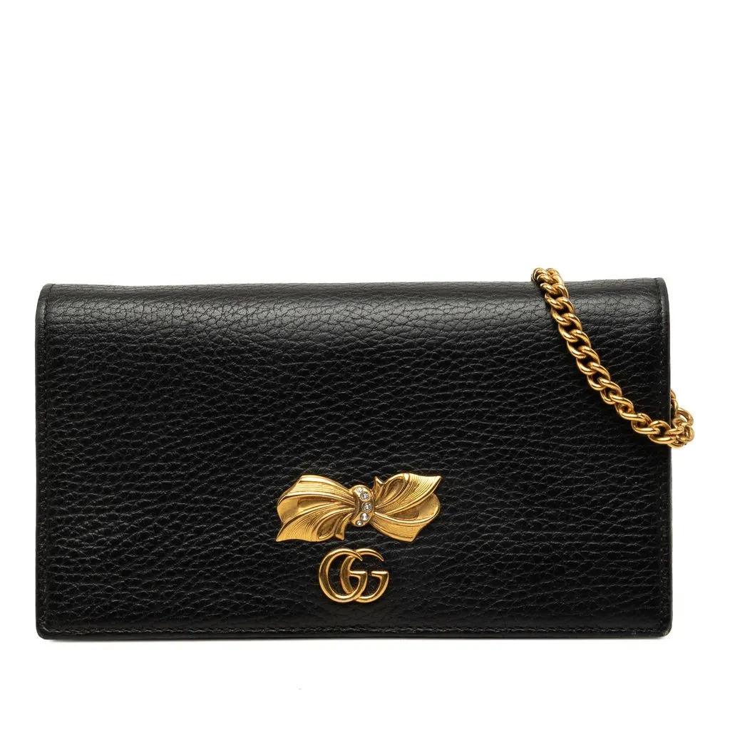 Gucci Mini GG Marmont Grained Calfskin Crystal Bow Clutch on Chain Black Leather Good - Front View