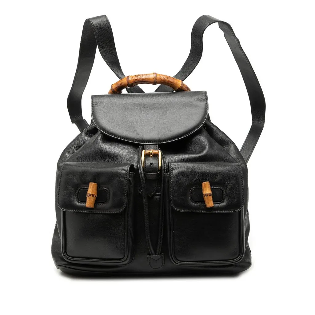 Gucci Calfskin Bamboo Drawstring Backpack Black Leather Very good - Front View