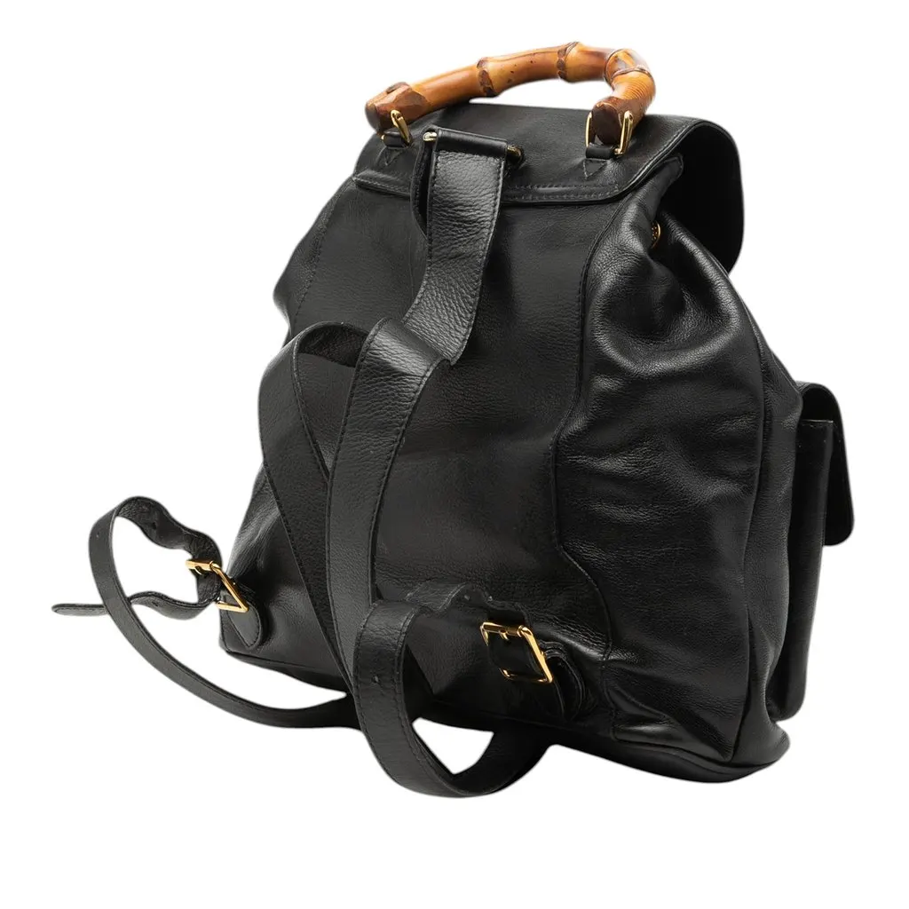 Gucci Calfskin Bamboo Drawstring Backpack Black Leather Very good - Back View