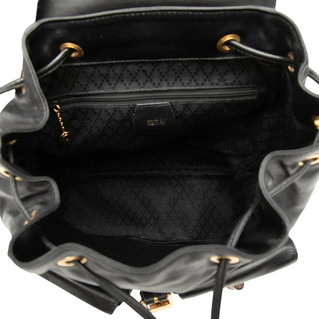 Gucci Calfskin Bamboo Drawstring Backpack Black Leather Very good - Model View