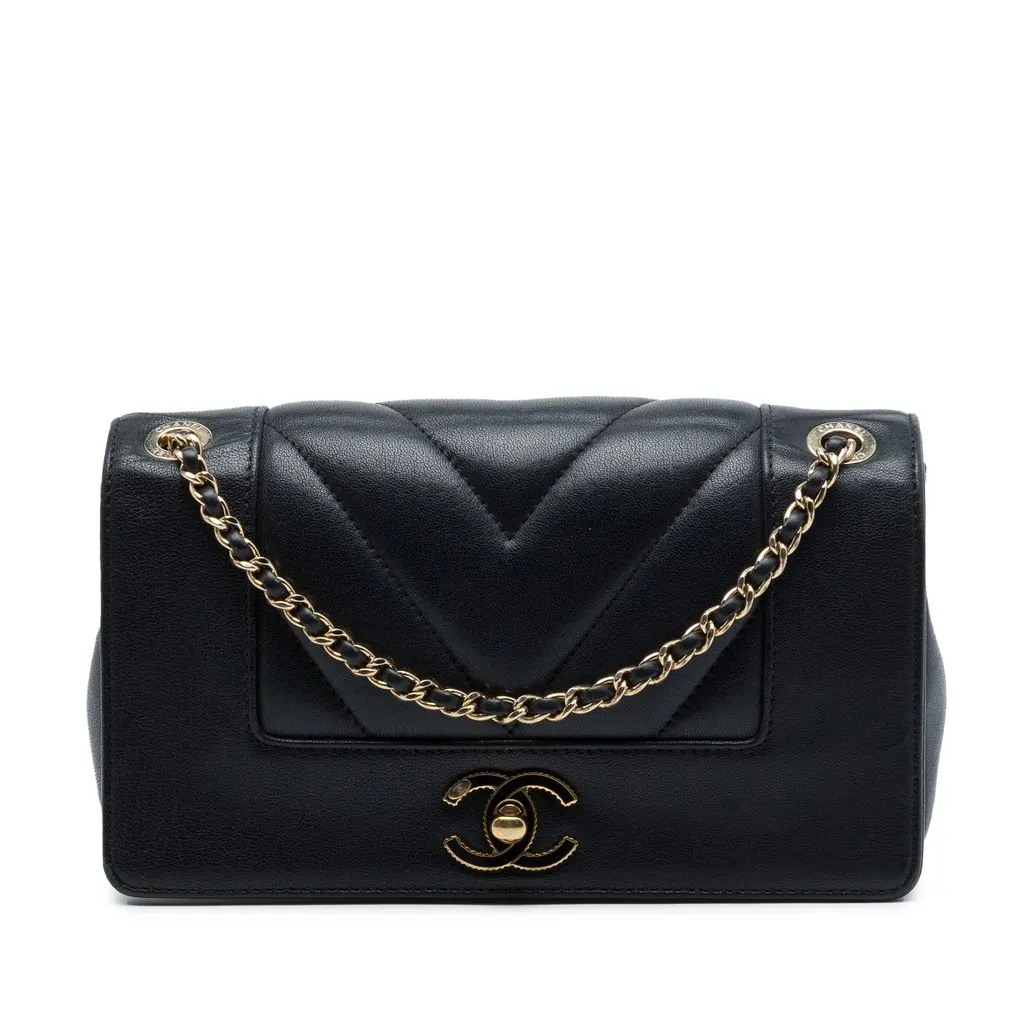 Chanel Mini Quilted Chevron Sheepskin Mademoiselle Vintage Flap Black Leather Very good - Front View
