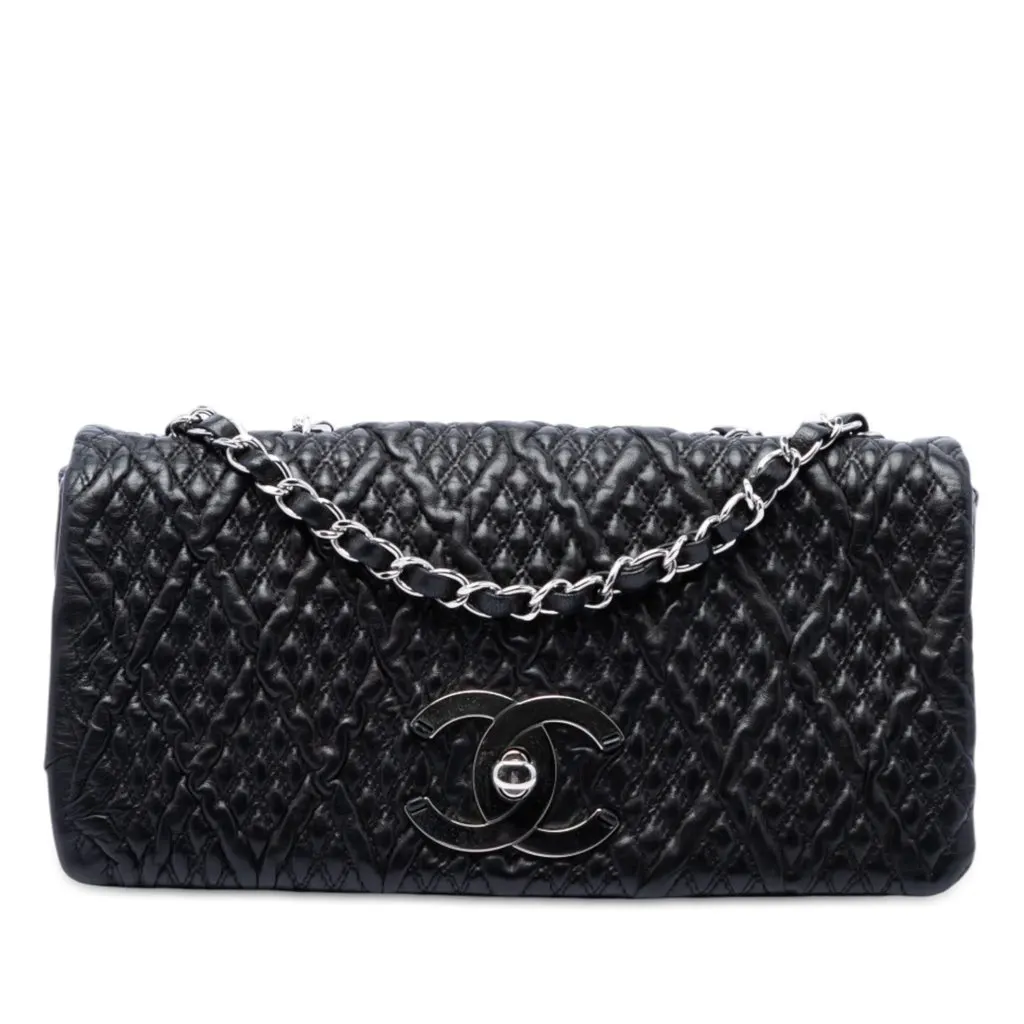 Chanel Small CC Quilted Lambskin Astrakhan Flap Black Leather Very good - Front View