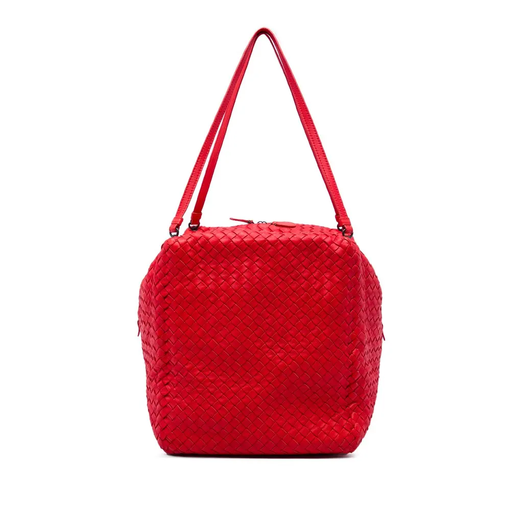 Bottega Veneta Nappa Intrecciato Cube Shoulder Bag Red Leather Very good - Front View