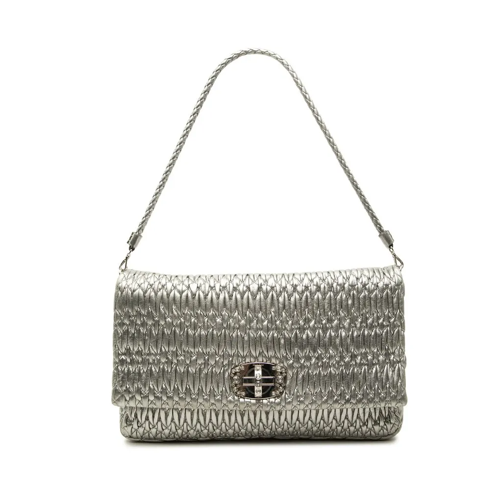 Miu Miu Matelasse Metallic Nappa Crystal Chain Satchel Silver Leather Good - Front View