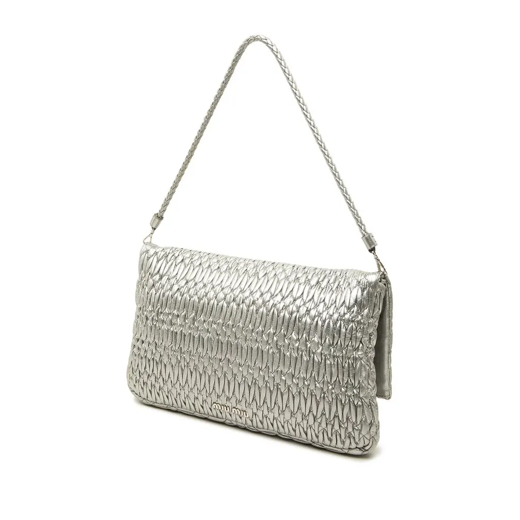 Miu Miu Matelasse Metallic Nappa Crystal Chain Satchel Silver Leather Good - Back View