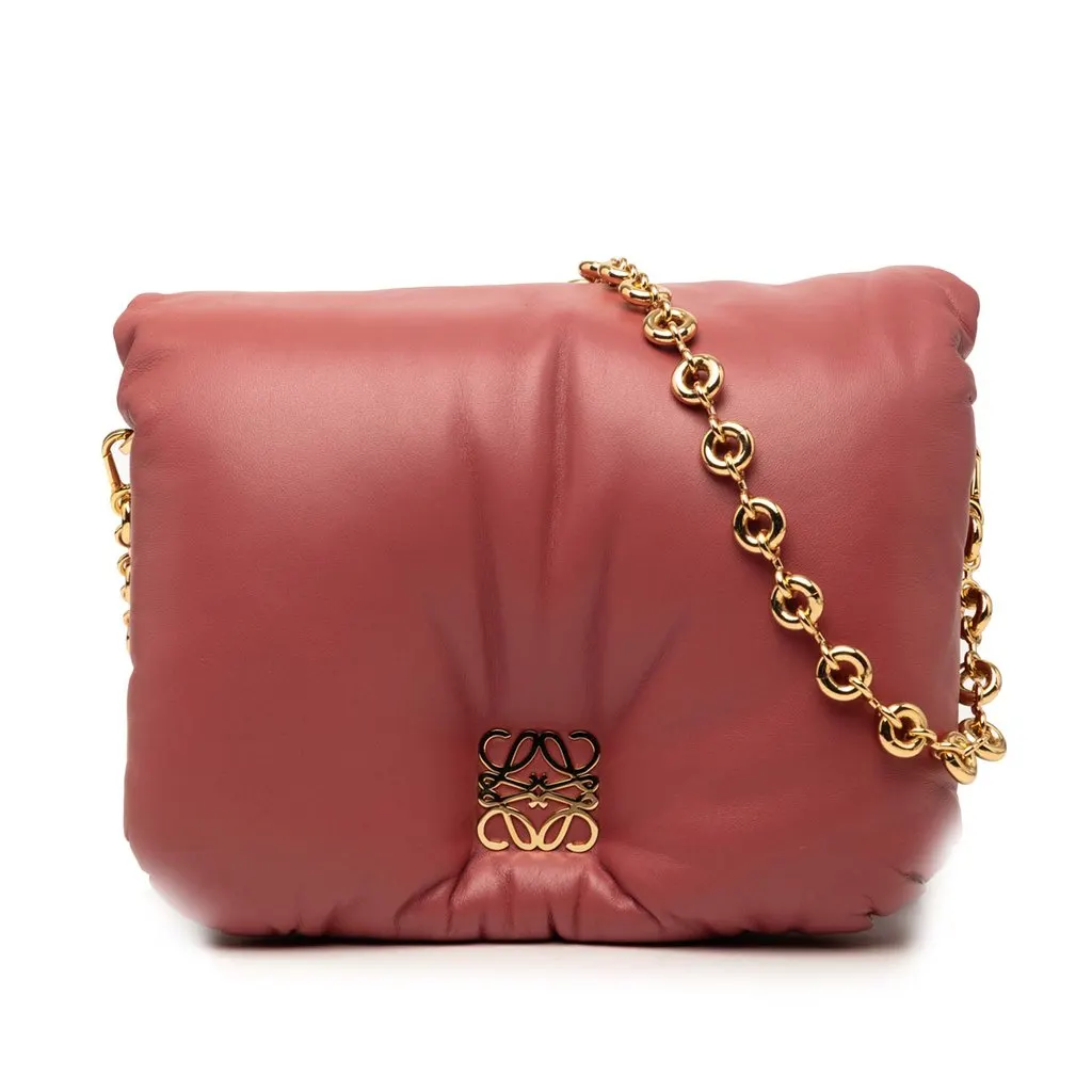 Loewe Shiny Lambskin Goya Puffer Chain Bag Pink Leather Very good - Front View