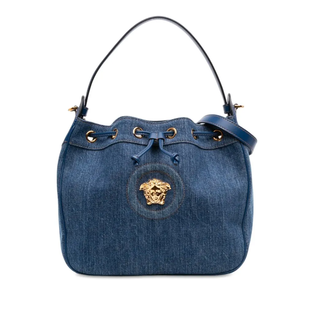 Versace Denim La Medusa Drawstring Bucket Bag Blue Very good - Front View