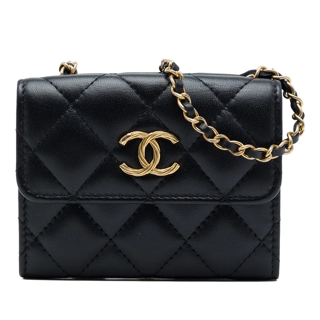 Chanel CC Quilted Lambskin Card Holder with Padded Chain Strap Black Leather Good - Front View