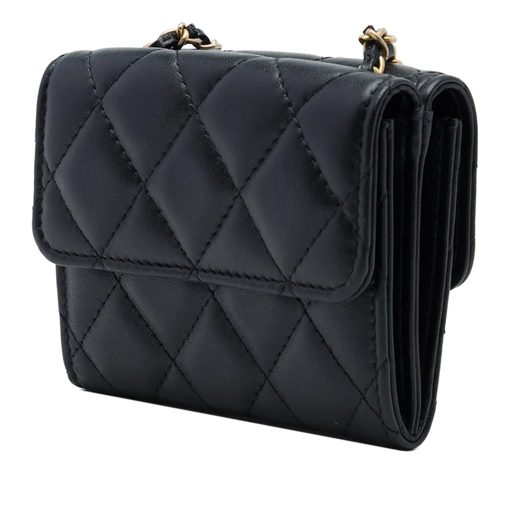 Chanel CC Quilted Lambskin Card Holder with Padded Chain Strap Black Leather Good - Back View