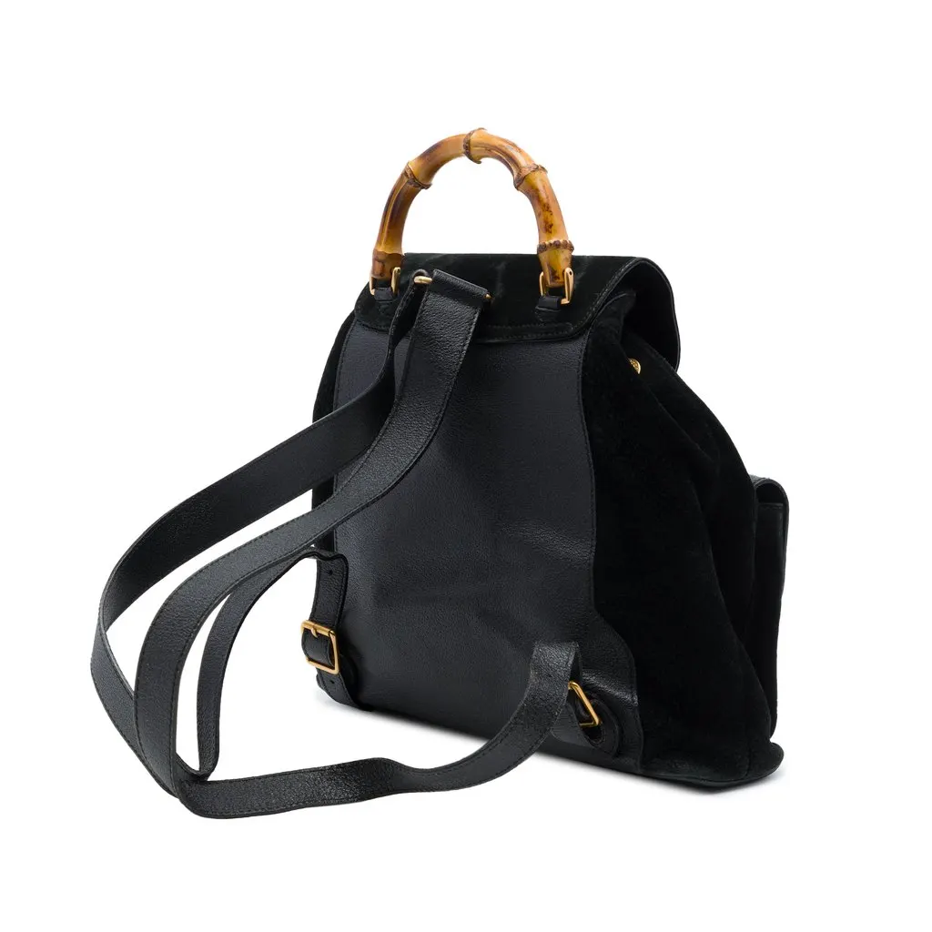 Gucci Large Suede Bamboo Drawstring Backpack Black Suede Good - Back View