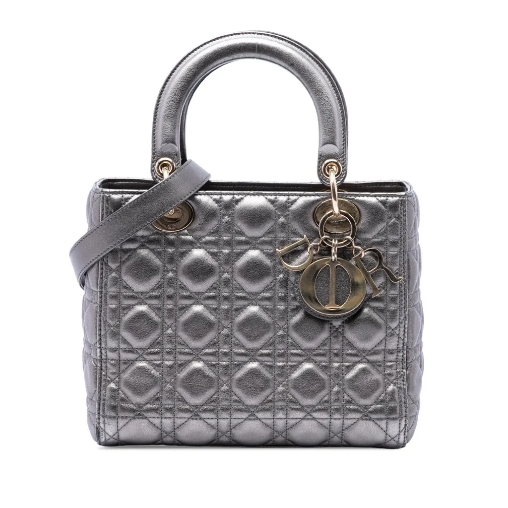 Dior Medium Metallic Lambskin Cannage Lady Dior Silver Leather Very good - Front View