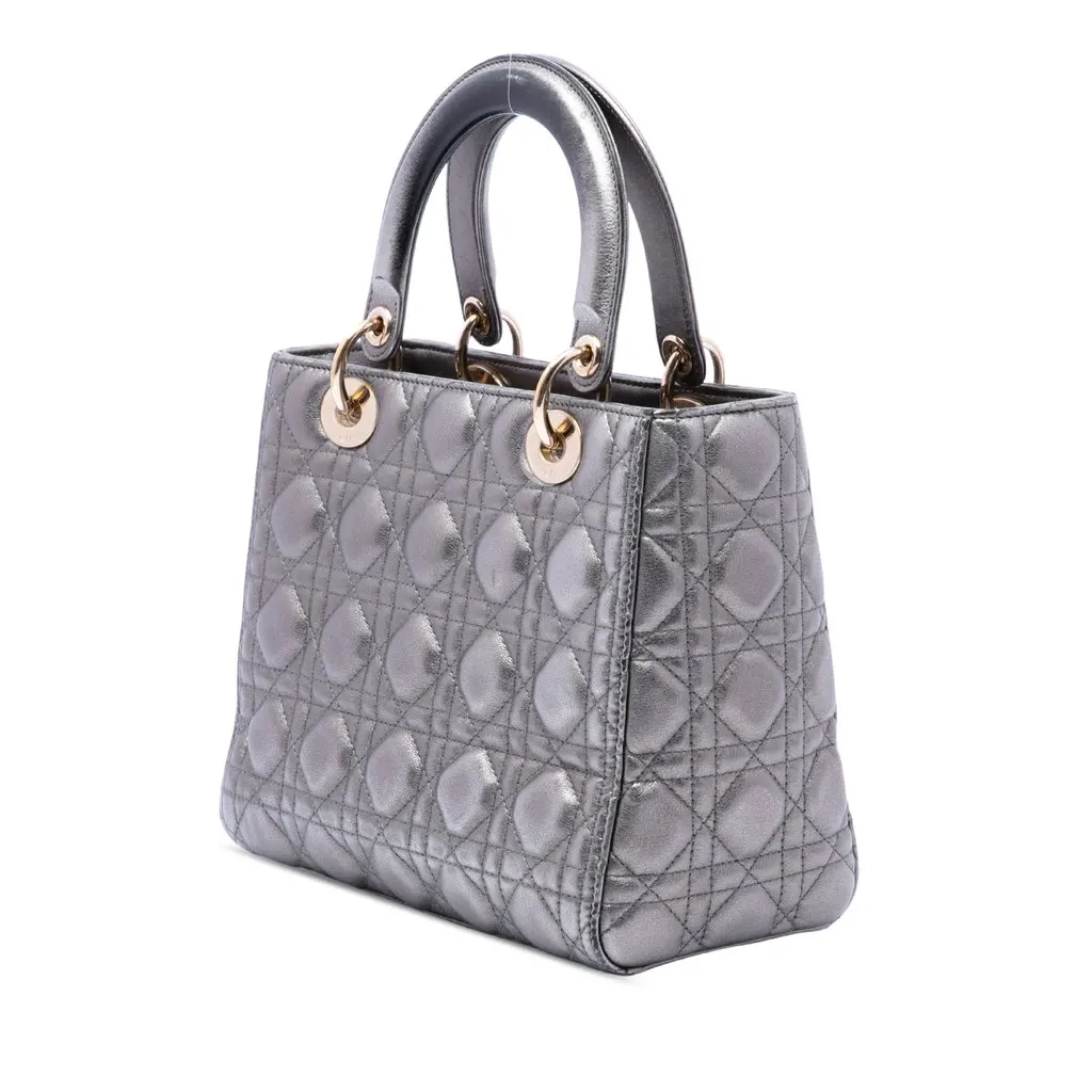 Dior Medium Metallic Lambskin Cannage Lady Dior Silver Leather Very good - Back View