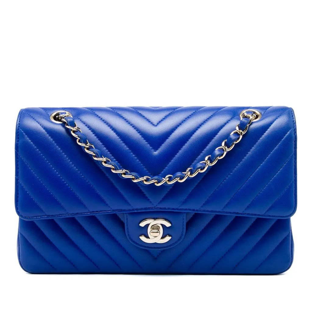 Chanel Medium Classic Chevron Lambskin Double Flap Blue Leather Very good - Front View