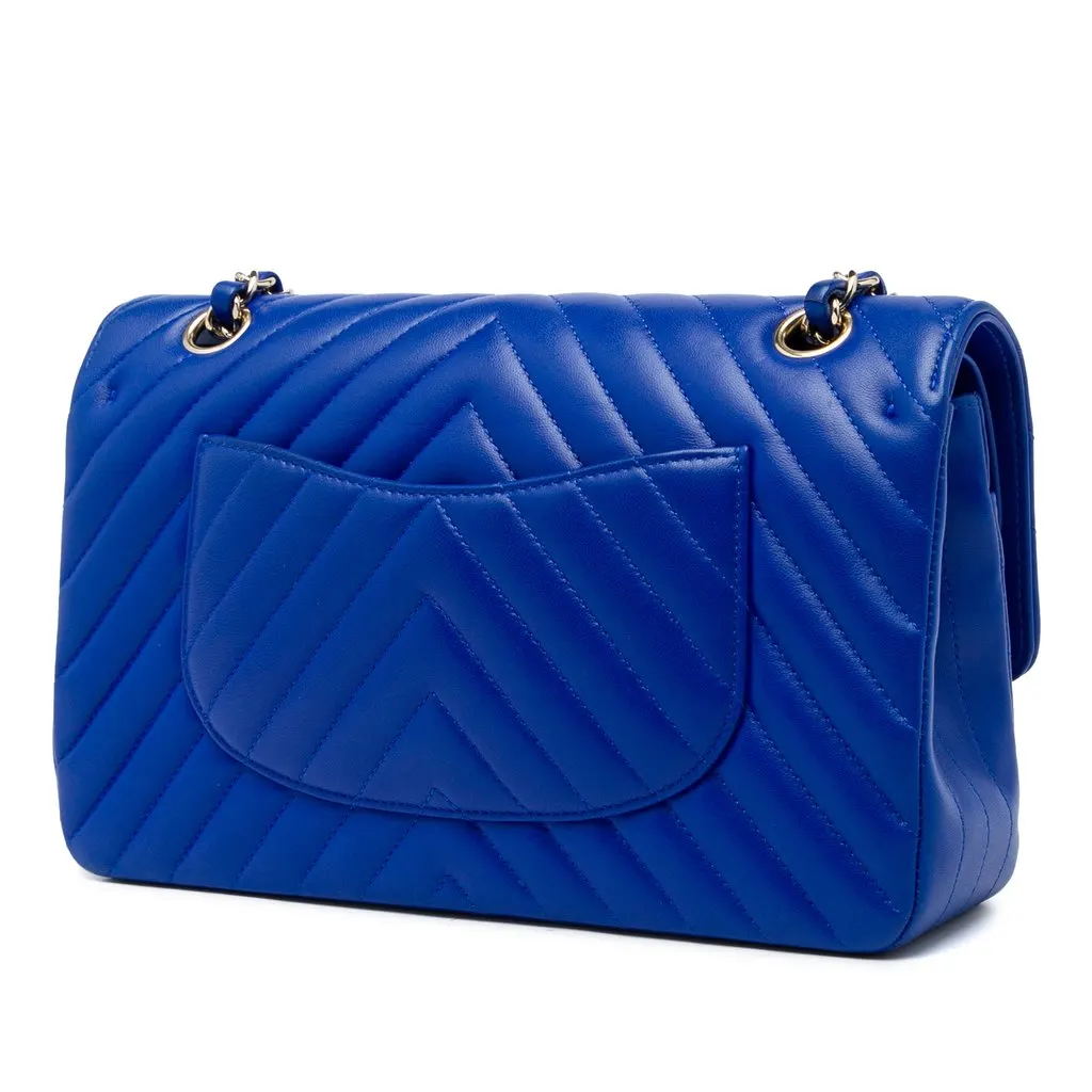 Chanel Medium Classic Chevron Lambskin Double Flap Blue Leather Very good - Back View