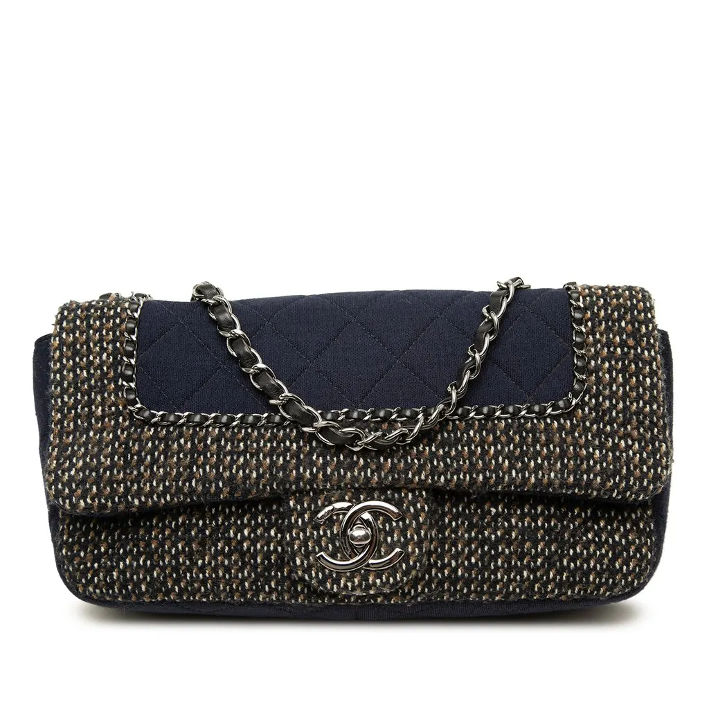 Chanel Small Quilted Jersey and Tweed Chain Flap Blue Good - Front View