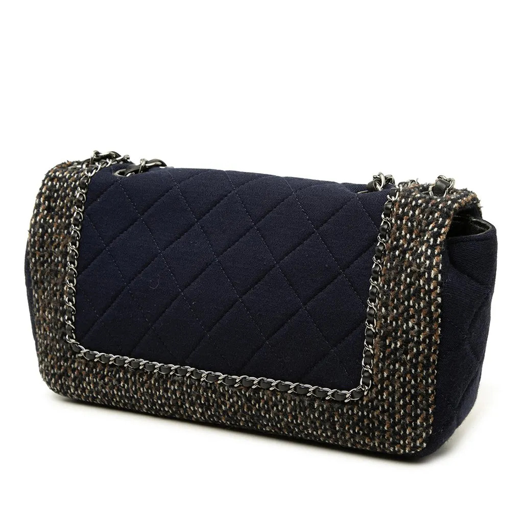 Chanel Small Quilted Jersey and Tweed Chain Flap Blue Good - Back View