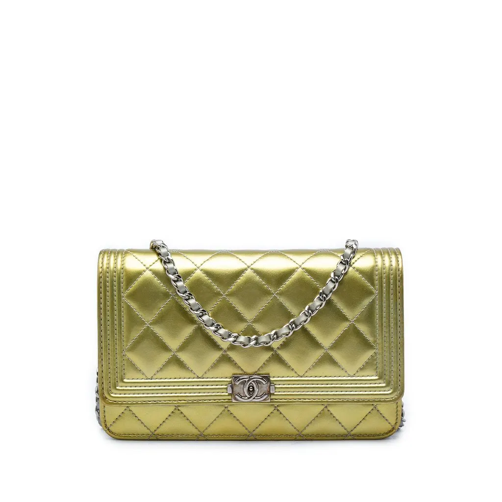 Chanel Bicolor Quilted Metallic Patent Boy Wallet on Chain Gold Leather Very good - Front View
