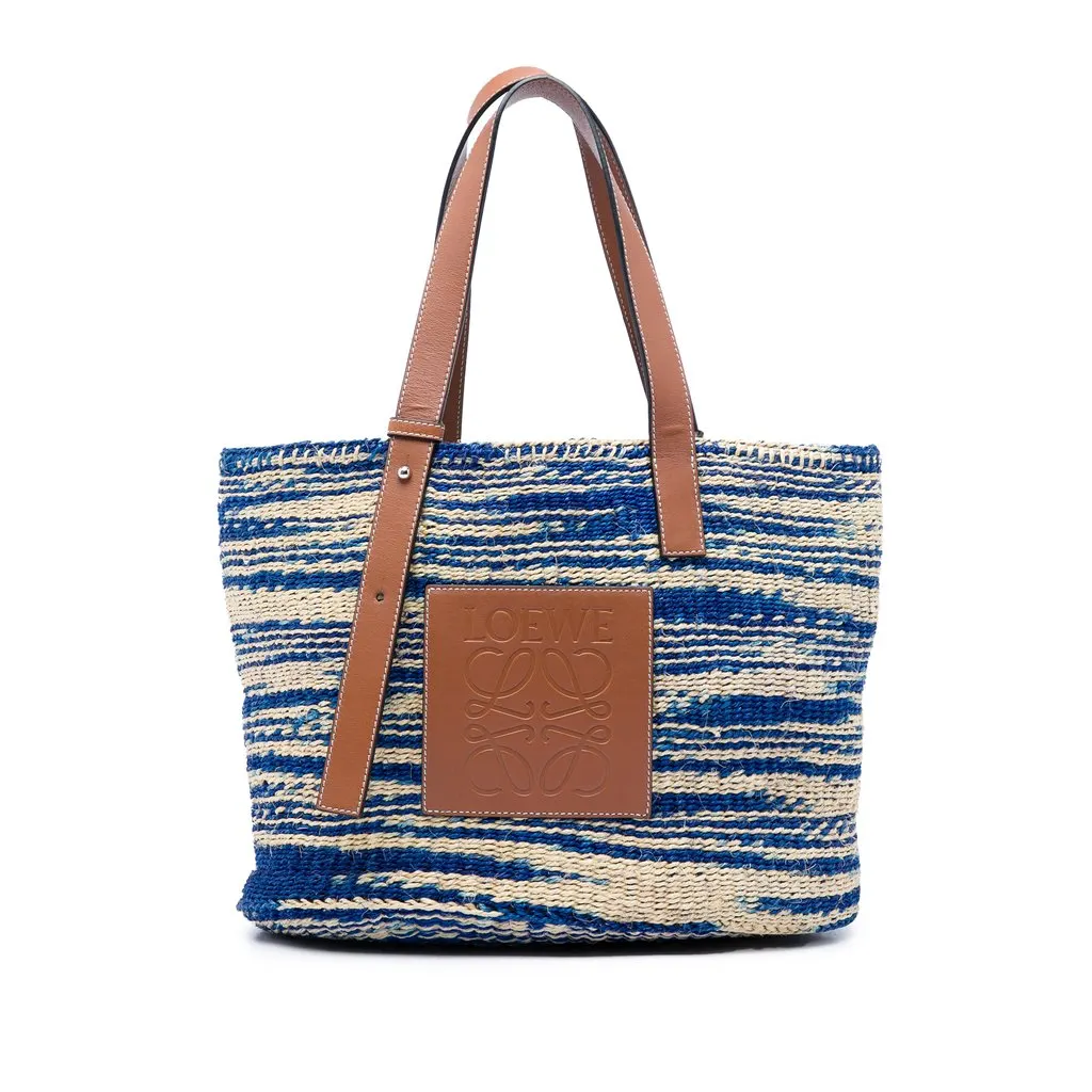 LOEWE Large Raffia Anagram Basket Tote Blue Very good - Front View