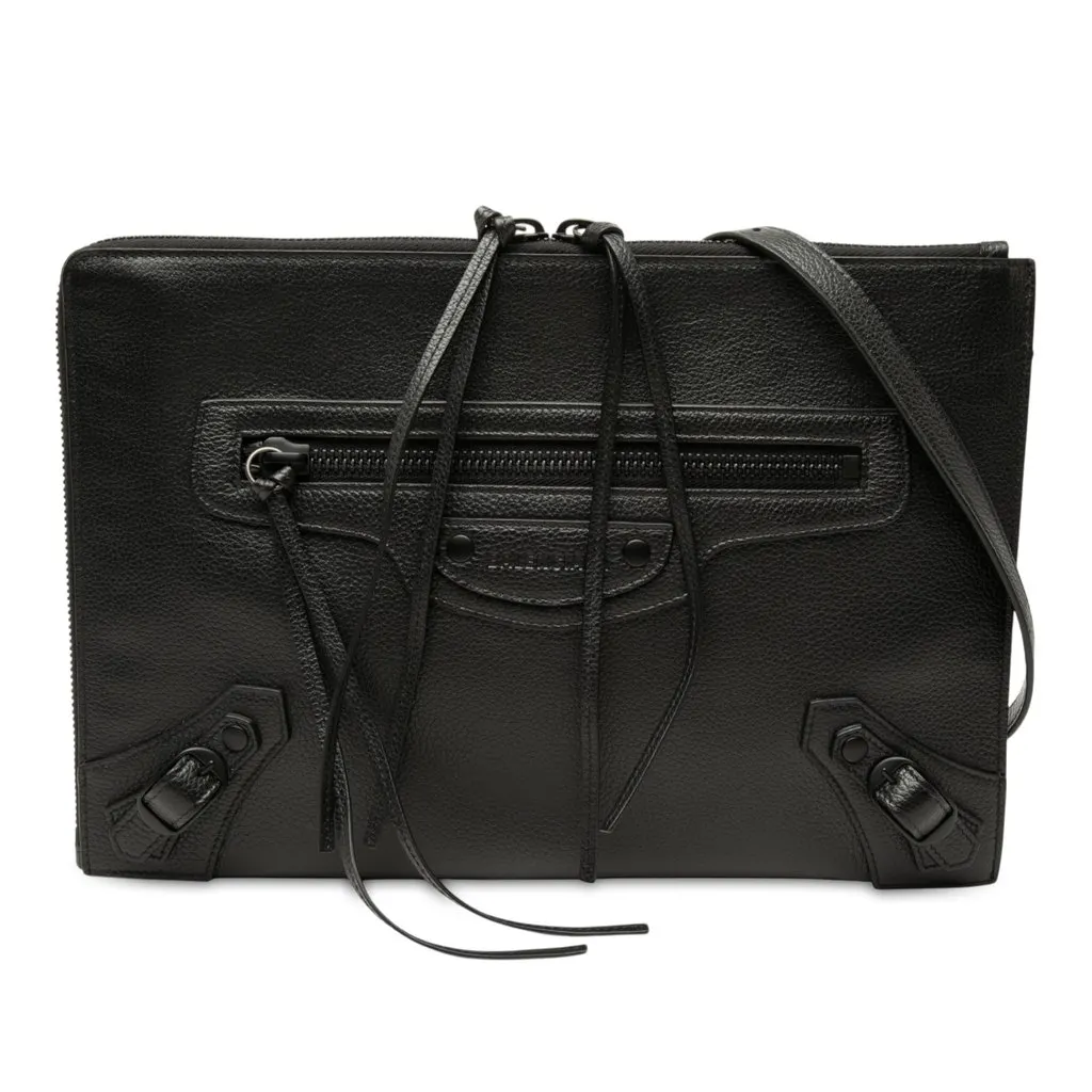 Balenciaga Grained Calfskin Neo Classic Compact Clutch with Strap Black Leather Very good - Front View