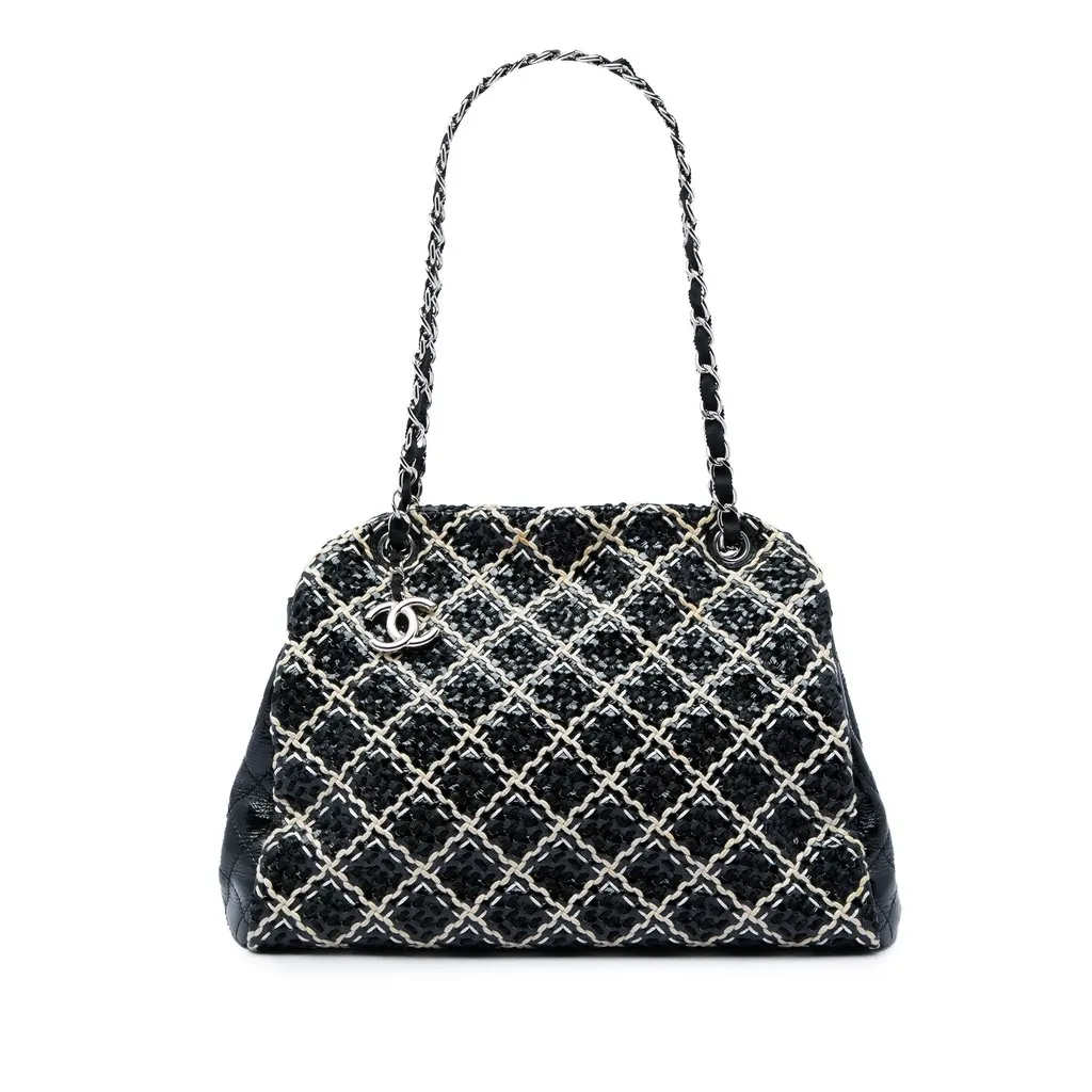 Chanel Tweed Woven Crinkled Patent Just Mademoiselle Bowler Bag Black Leather Very good - Front View