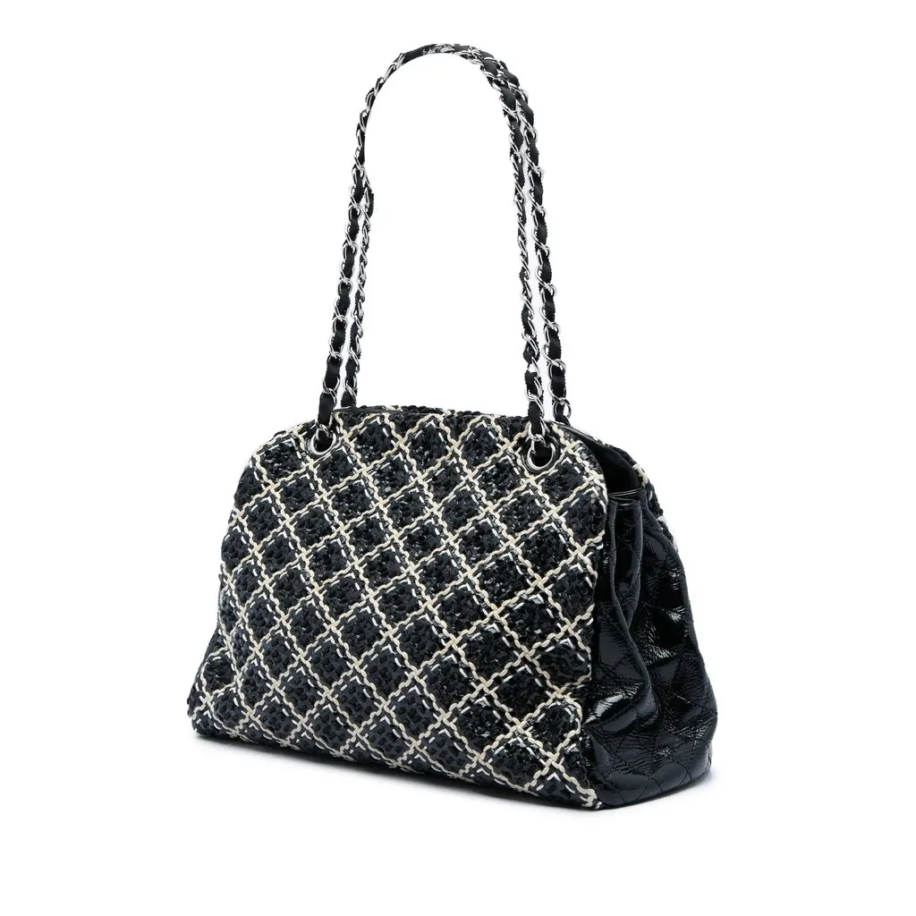 Chanel Tweed Woven Crinkled Patent Just Mademoiselle Bowler Bag Black Leather Very good - Back View