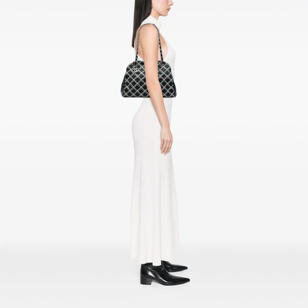 Chanel Tweed Woven Crinkled Patent Just Mademoiselle Bowler Bag Black Leather Very good - Box View