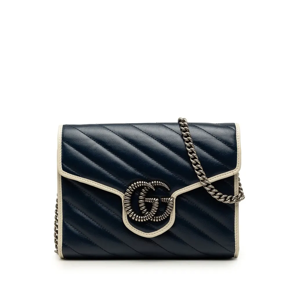 Gucci GG Marmont Matelasse Calfskin Torchon Wallet On Chain Blue Leather Very good - Front View