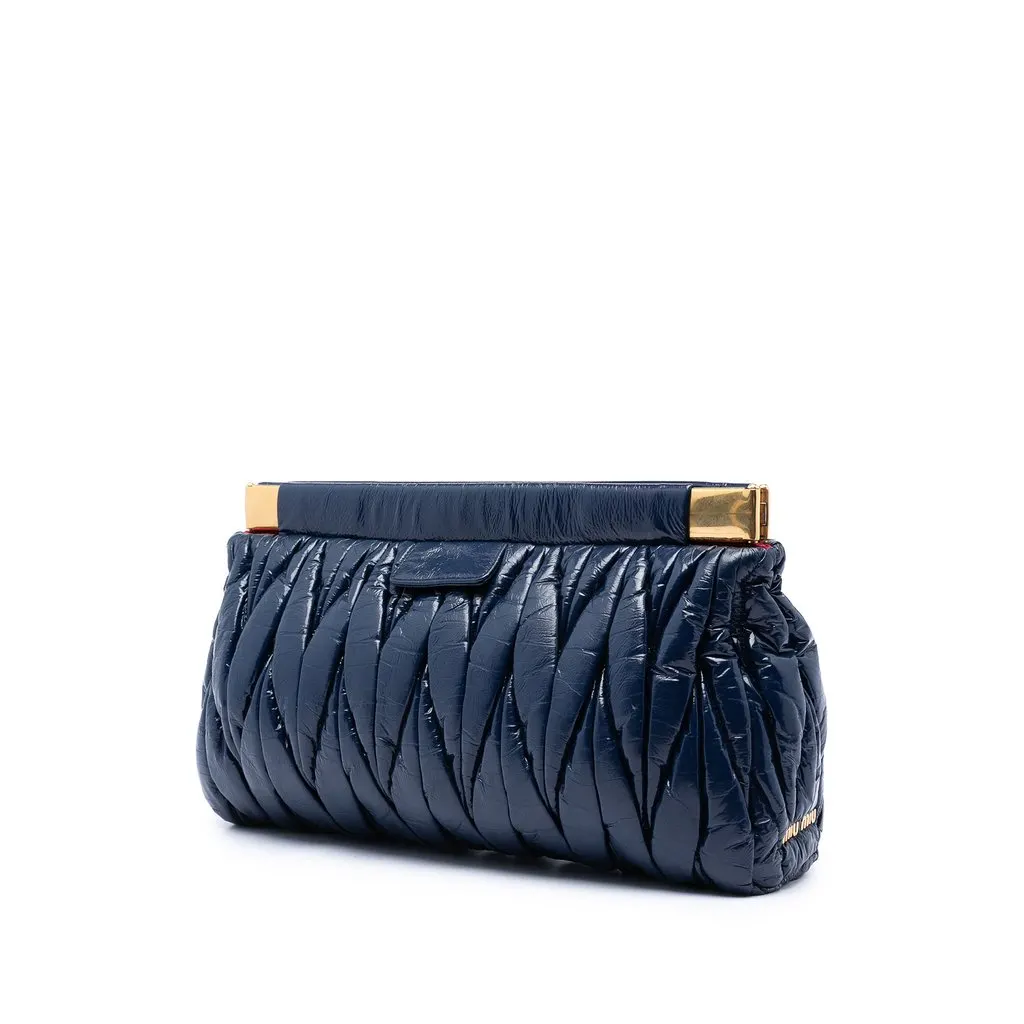 Miu Miu Matelasse Patent Frame Clutch Blue Leather Very good - Back View