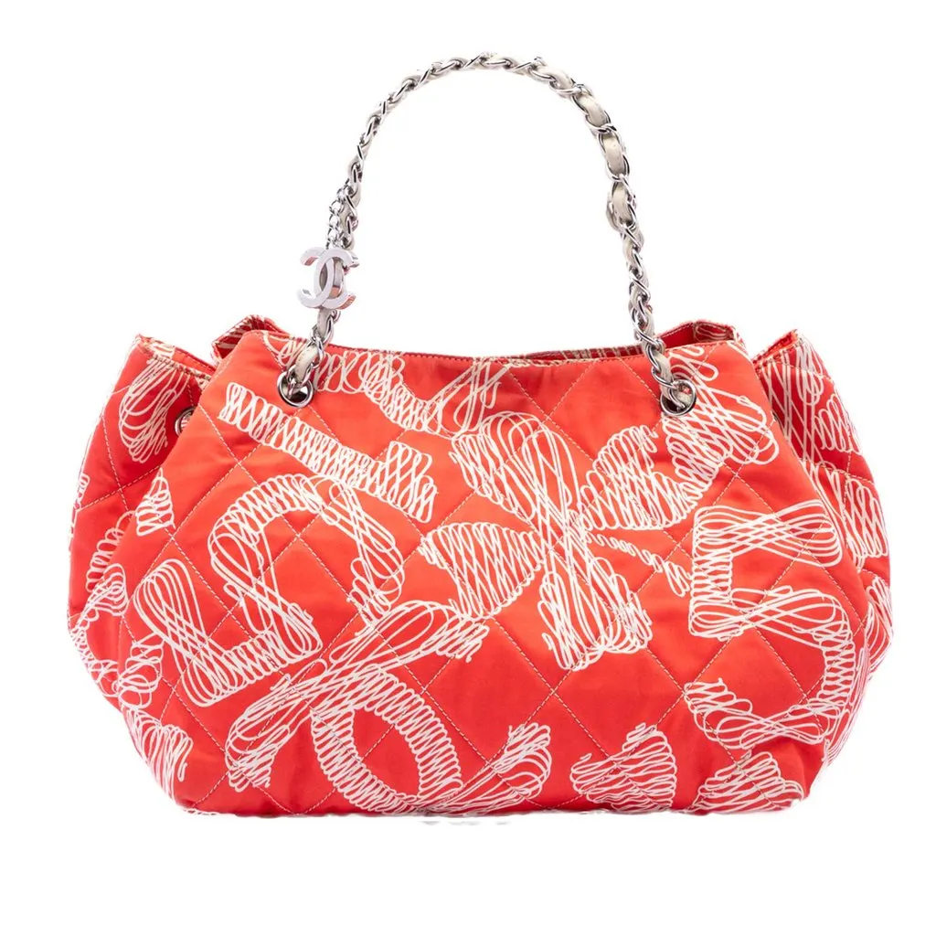 Chanel CC Quilted Cotton Coral Print Chain Tote Orange Very good - Front View