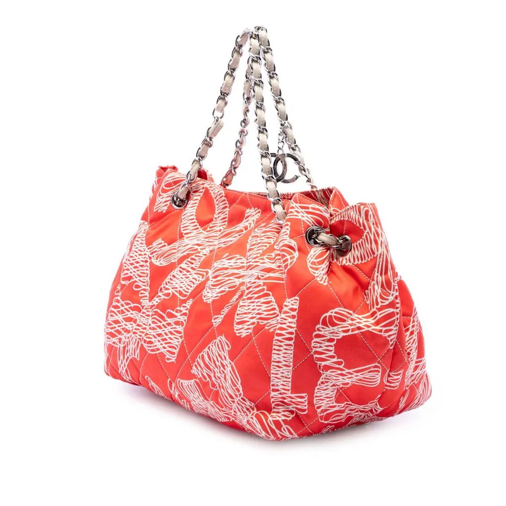 Chanel CC Quilted Cotton Coral Print Chain Tote Orange Very good - Back View