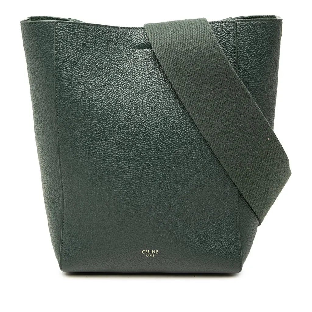 Celine Small Soft Grained Calfskin Seau Sangle Bucket Bag Green Leather Good - Front View
