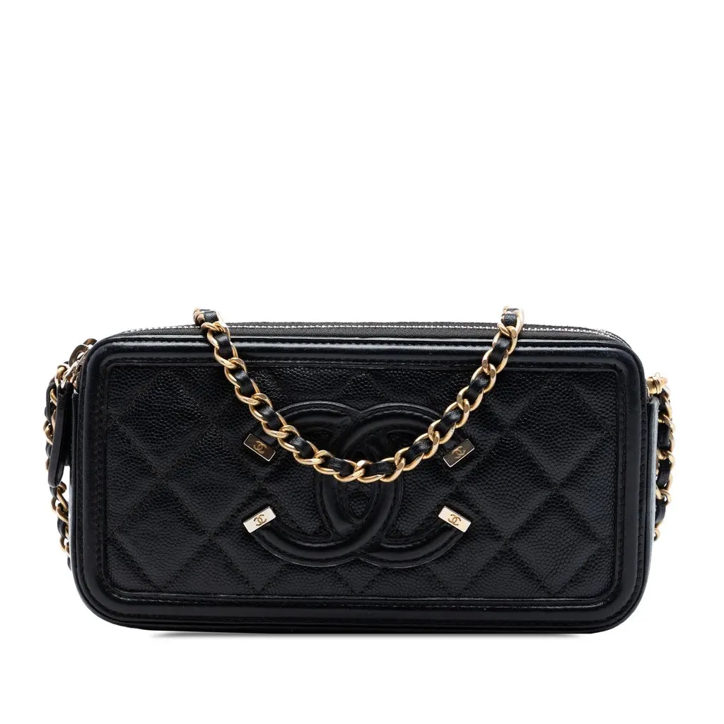 Chanel Caviar CC Filigree Clutch with Chain Black Leather Very good - Front View