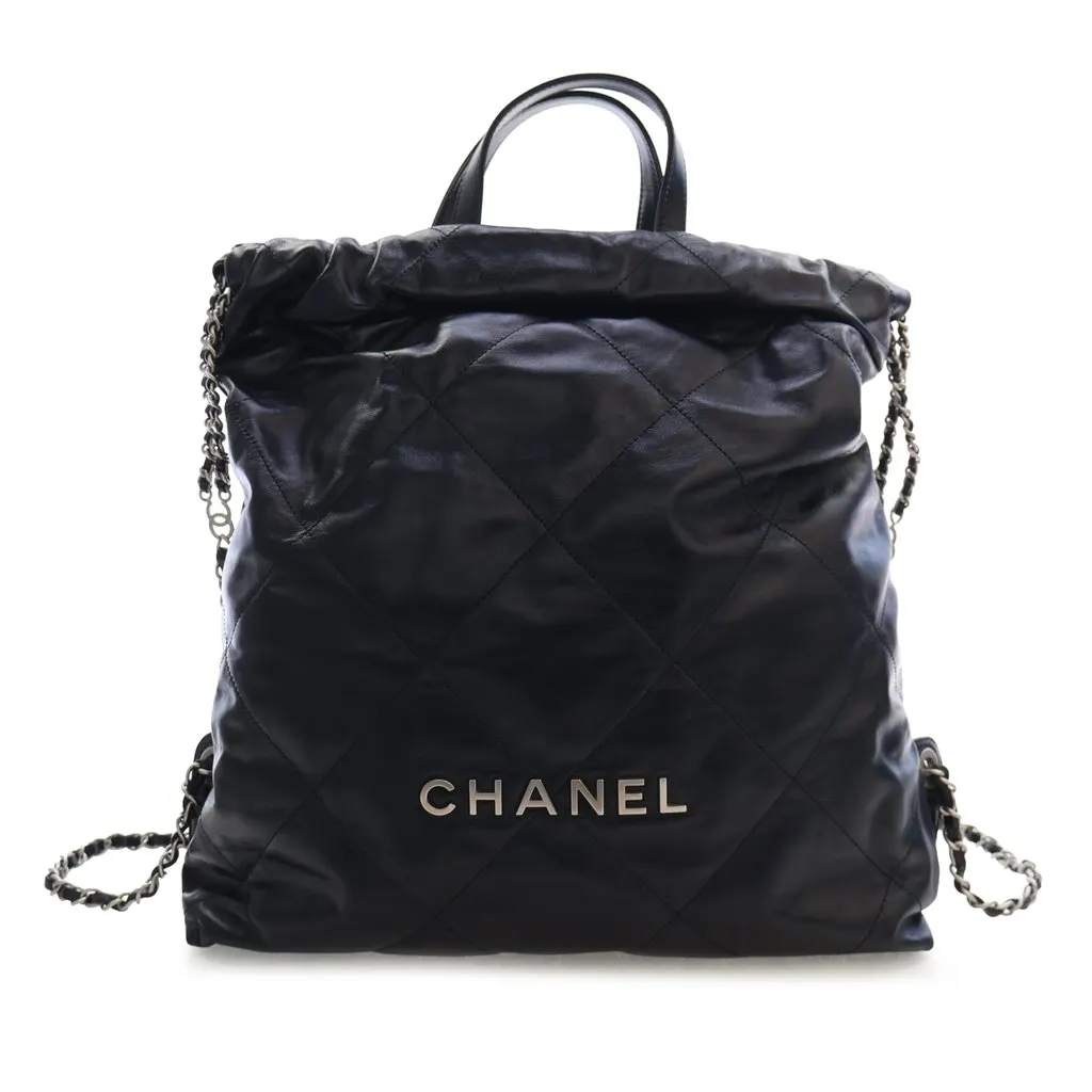 Chanel Large Quilted Shiny Calfskin 22 Backpack Black Leather Very good - Front View