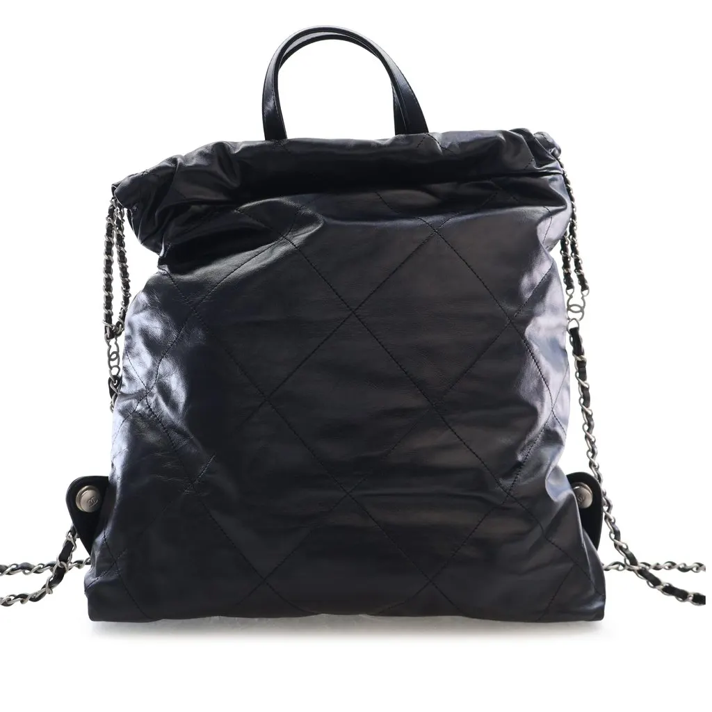 Chanel Large Quilted Shiny Calfskin 22 Backpack Black Leather Very good - Back View