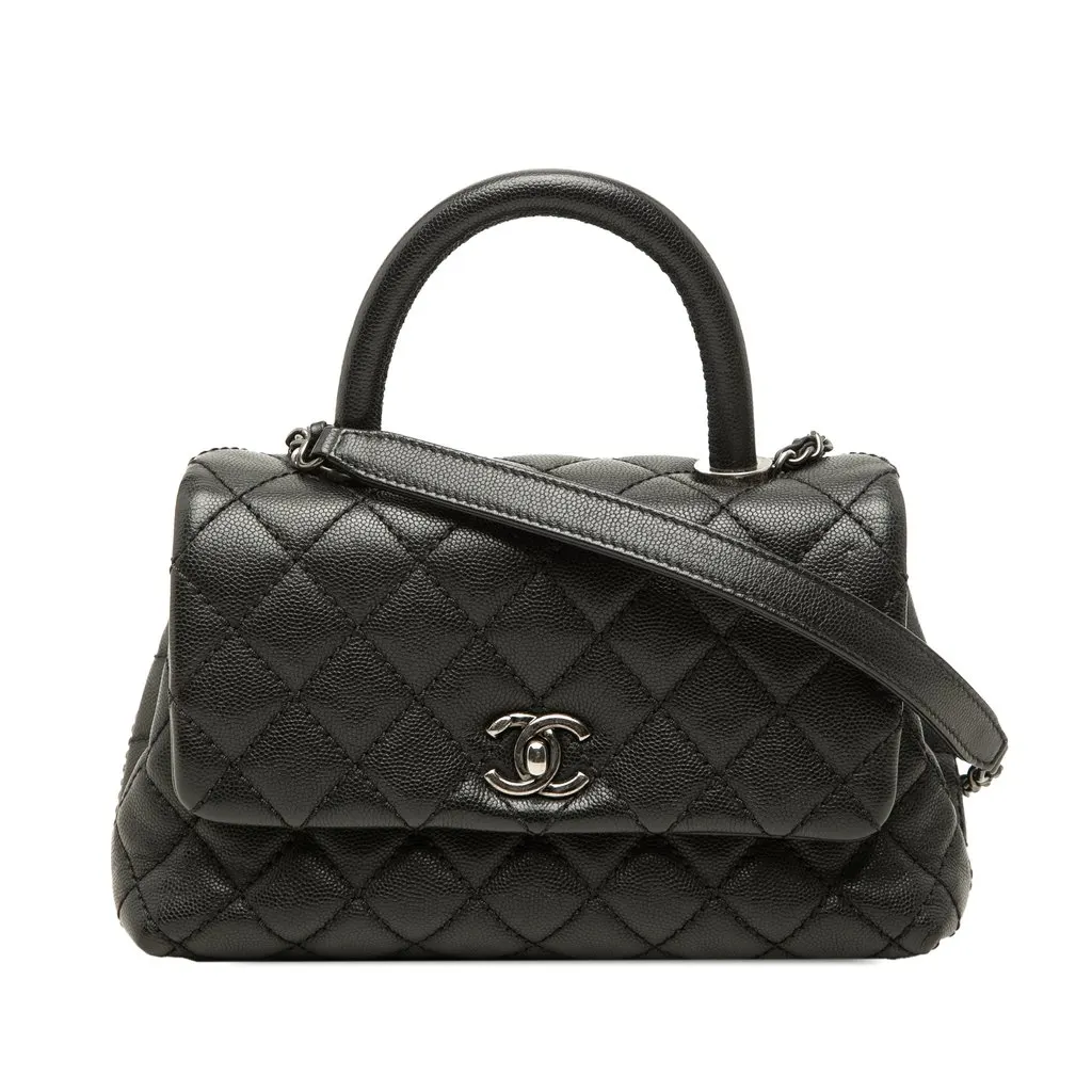 Chanel Mini Quilted Caviar Coco Top Handle Bag Black Leather Very good - Front View