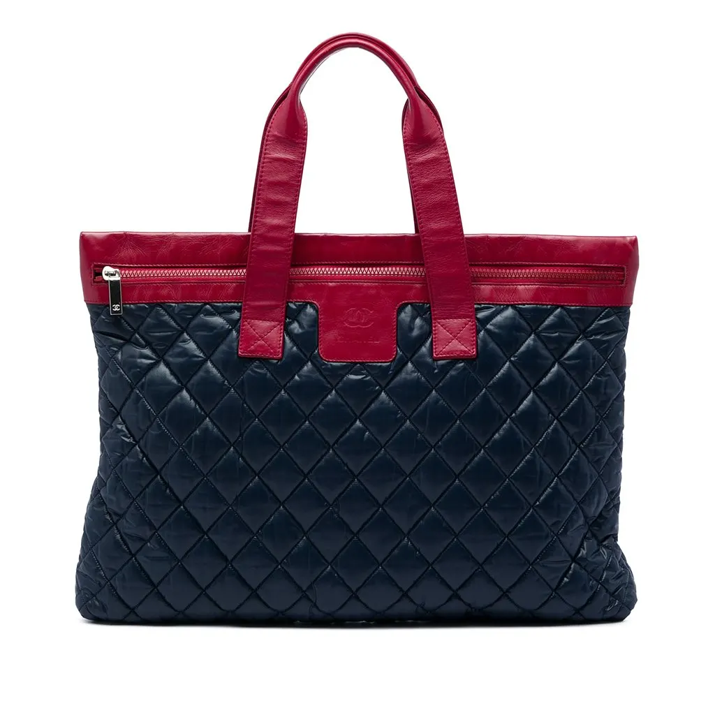 Chanel Large Bicolor Quilted Nylon and Lambskin Coco Cocoon Flat Tote Blue Polyamide Very good - Front View