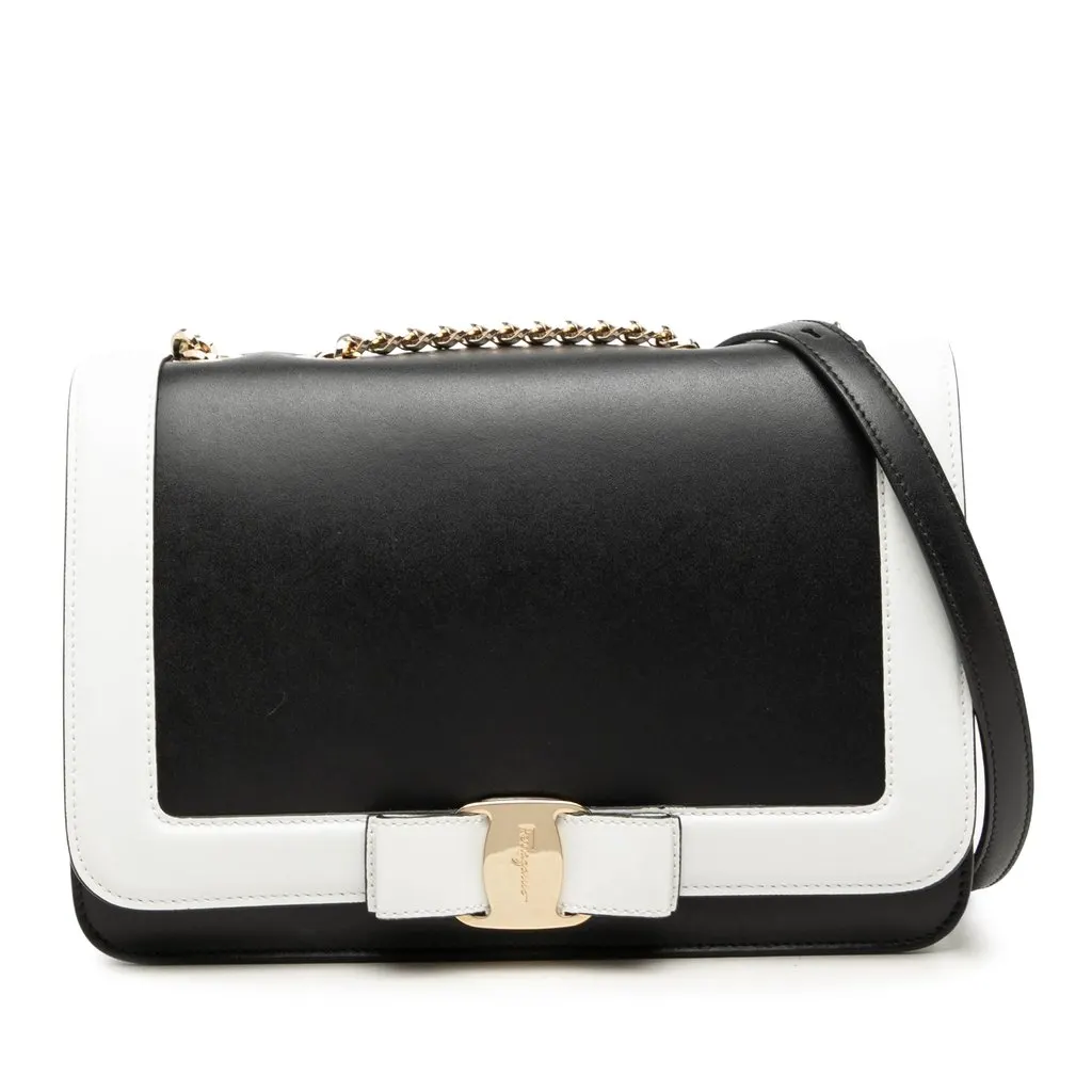 Salvatore Ferragamo Bicolor Leather Vara Bow Crossbody Black Leather Very good - Front View