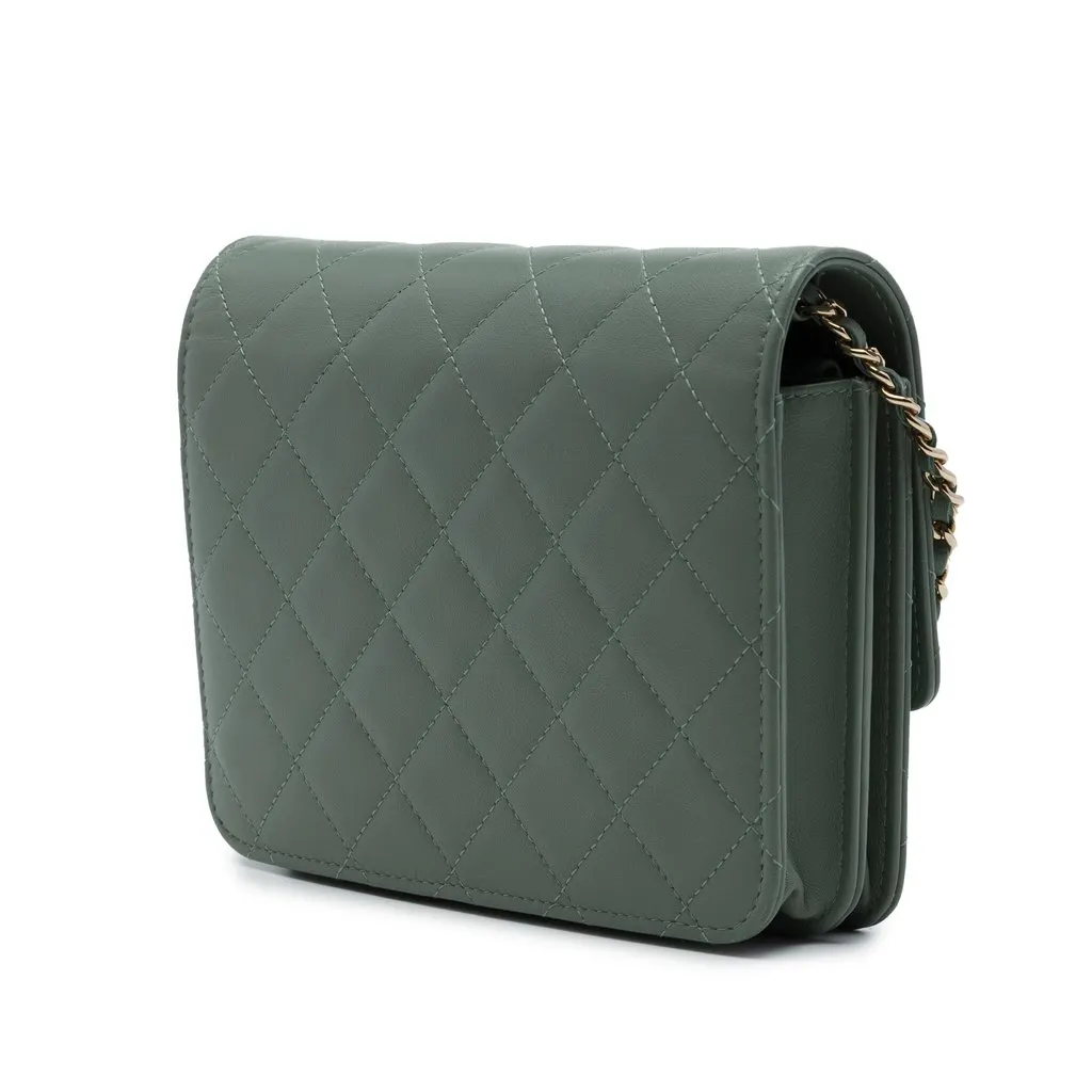 Chanel CC Square Quilted Lambskin Wallet on Chain Green Leather Very good - Back View
