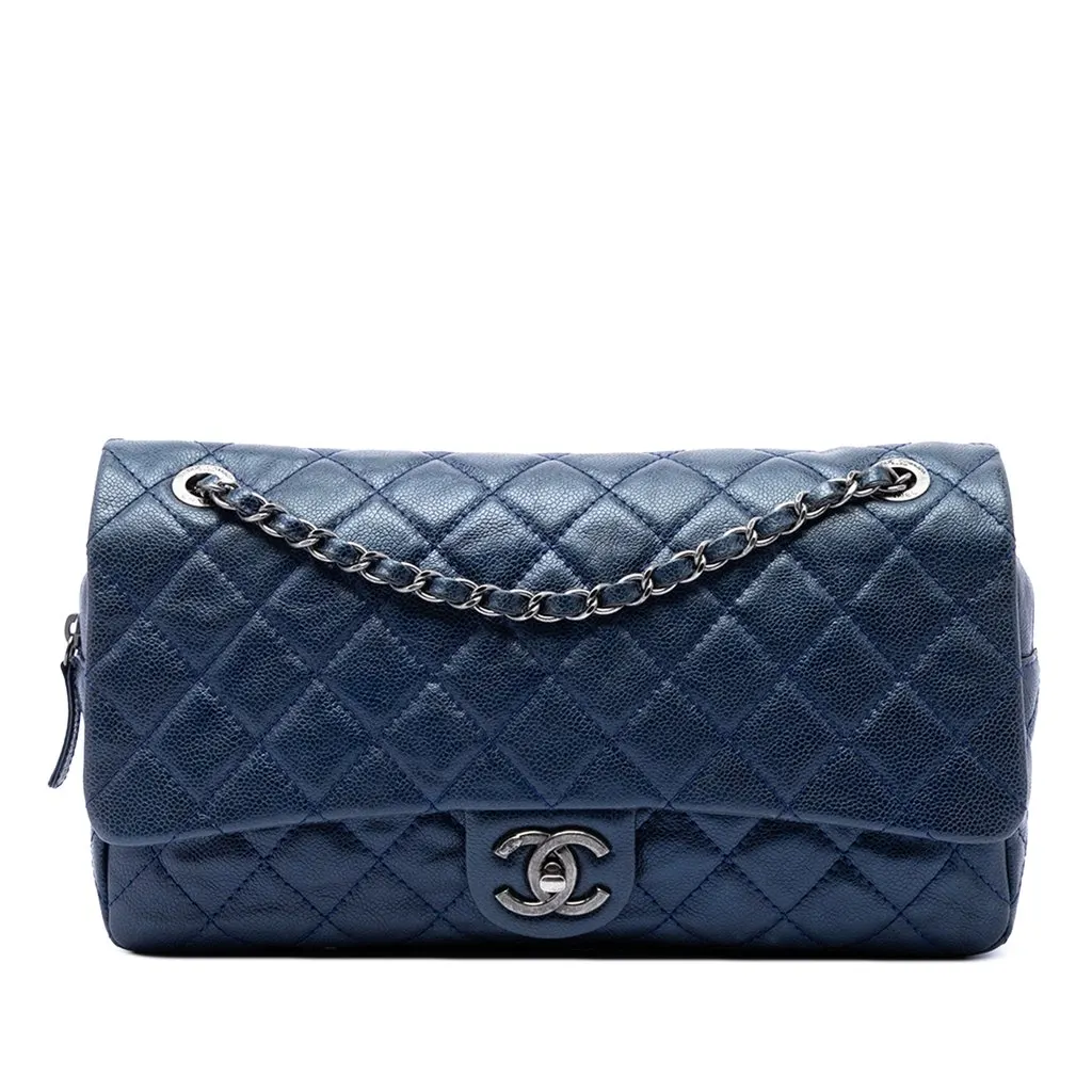 Chanel Jumbo Quilted Iridescent Caviar Easy Flap Blue Leather Good - Front View